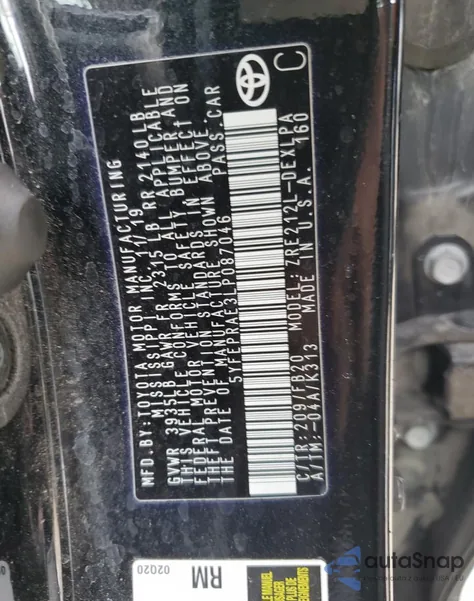 2020 Toyota Corolla Le from USA, damaged, VIN 5YFEPRAE3LP087046